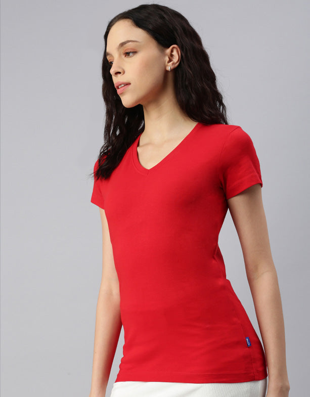 V-Ausschnitt-T-Shirt-Damen-Wal-Baumwolle-Recycling Polyester-Rot-Switcher
